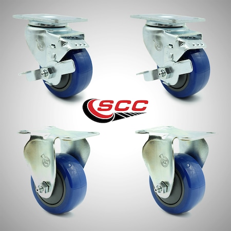 Service Caster 3 Inch SS Blue Polyurethane Top Plate Caster Set with 2 Brake 2 Rigid SCC SCC-SS20S314-PPUB-BLUE-TLB-2-R314-2